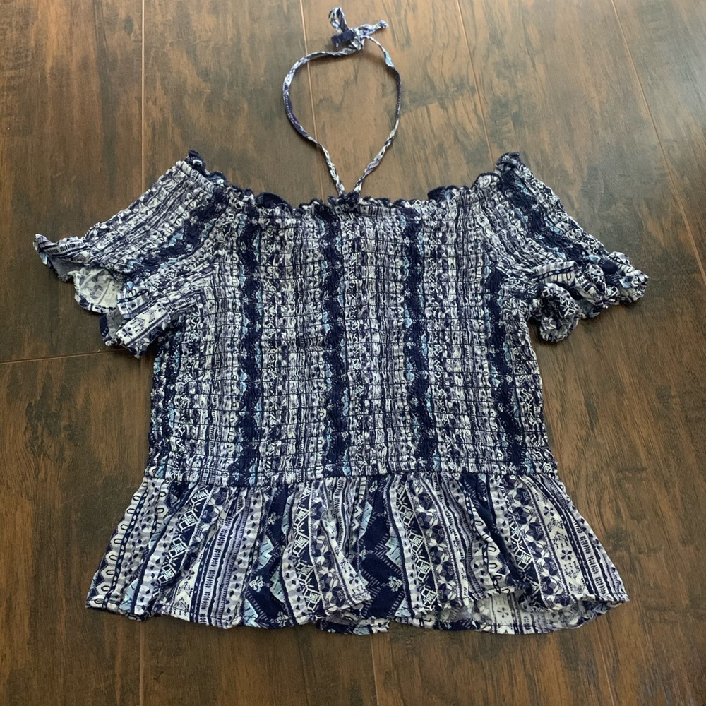 Off the shoulder blue ribbed top